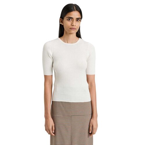 Veronika Maine Cotton Silk Blend Crew Neck Ribbed Knit Top